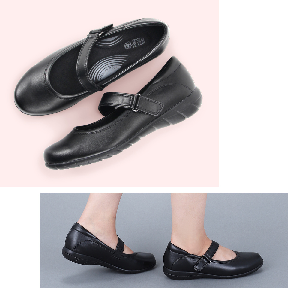 屈曲性がよく歩きやすいストラップパンプス