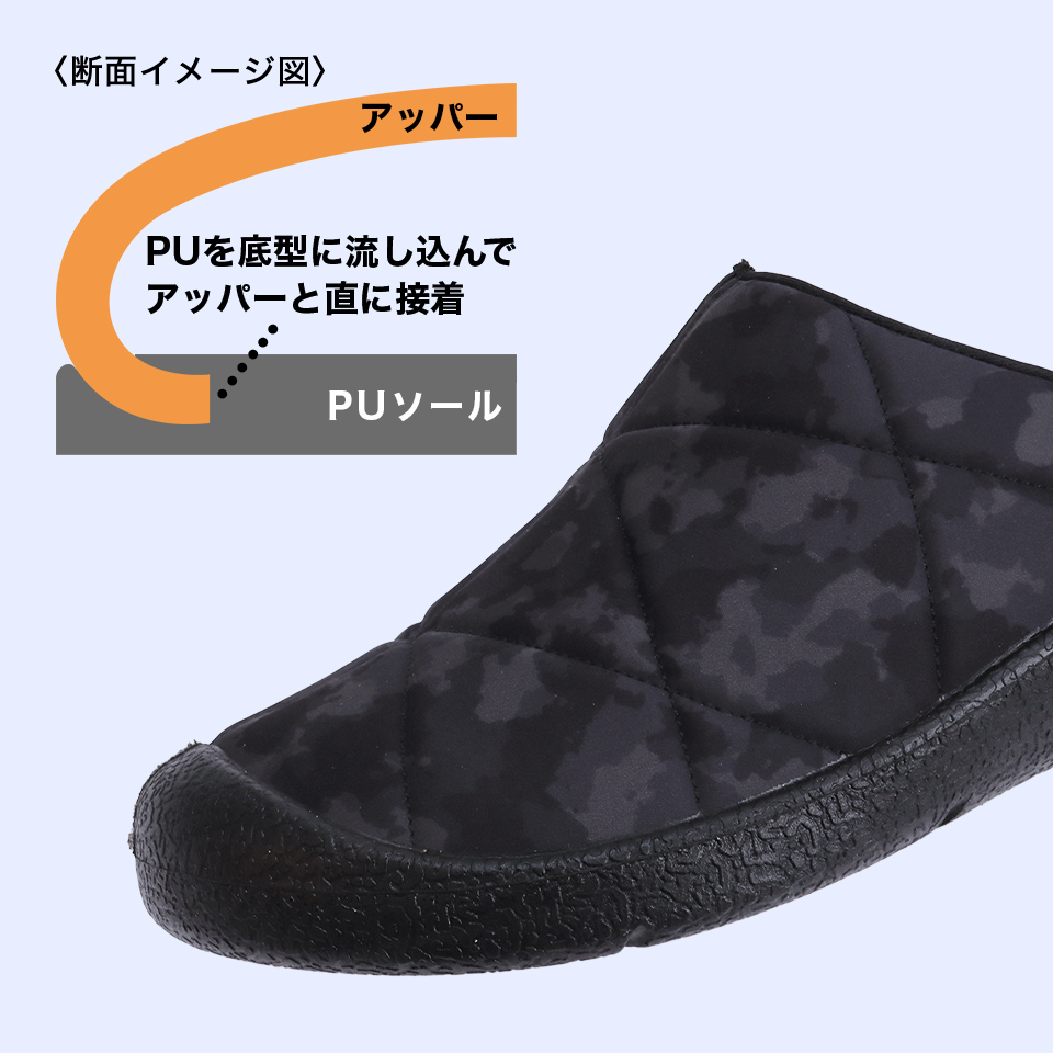 【ポイント2】ソール成形と同時にアッパー接着を行う一体成形製法(ダイレクトソーリング製法)を採用。密閉性が高く、ソフトでフレキシブルな履き心地です。