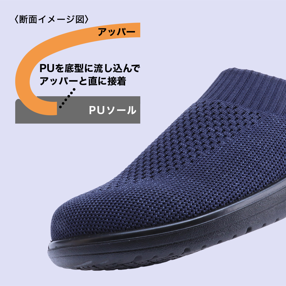 【ポイント3】ソール成形と同時にアッパー接着を行う一体成形製法(ダイレクトソーリング製法)を採用。密閉性が高く、ソフトでフレキシブルな履き心地です。